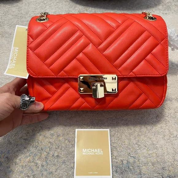 NWT Michael Kors Peyton Medium Quilted Flap Chainlink Shoulder Bag In Mandarin - Picture 5 of 13